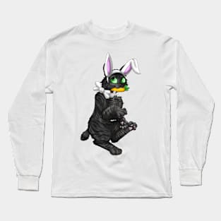 Bobtail BunnyCat: Black Tabby (White) Long Sleeve T-Shirt